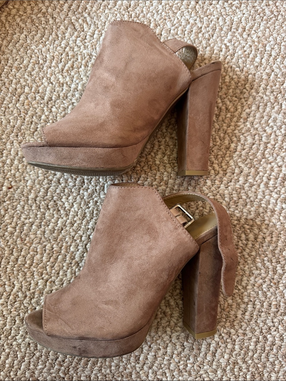Report Taupe Suede Peep-Toe Block Heel Mules